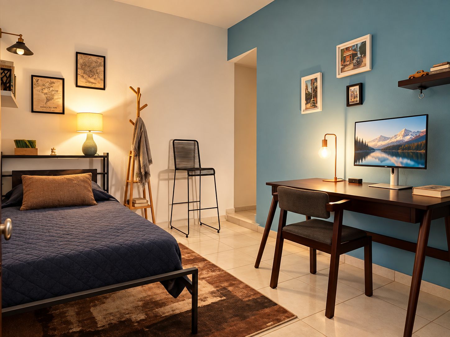 Un dormitorio con una cama, un escritorio con computadora, una silla, una lámpara y un perchero.