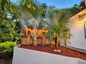 Un jardin aménagé avec des palmiers, un mur de briques et un bâtiment blanc doté d’une fenêtre.