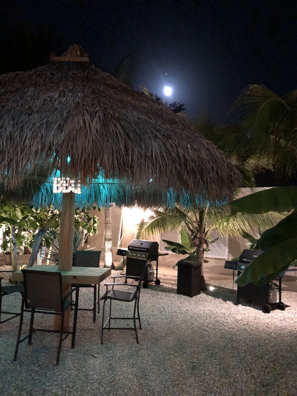 Relax in a tropical setting with a thatched-roof dining area, complete with a grill and comfortable seating.