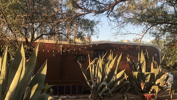 A large RV parked in a desert setting with cacti and a clear sky.