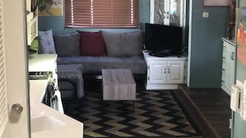 Smart TV, fireplace, DVD player, books