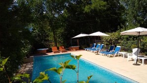 A swimming pool with lounge chairs and umbrellas, surrounded by trees. - Ruca Lemu (Chascomus)