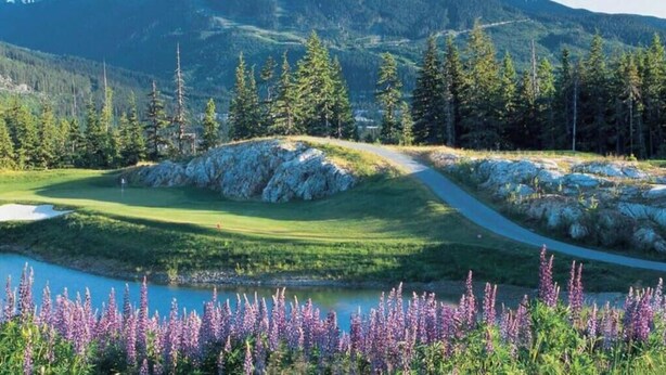 Ein Golfplatz mit Teich, Bergen und violetten Blumen.