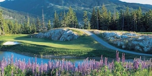 Un campo de golf con un estanque, montañas y flores púrpuras.