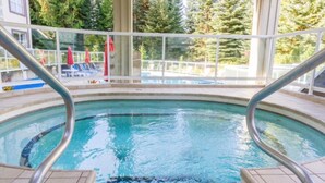 Ein Poolbereich mit klarem Wasser, umgeben von einer überdachten Terrasse und Glaswänden.