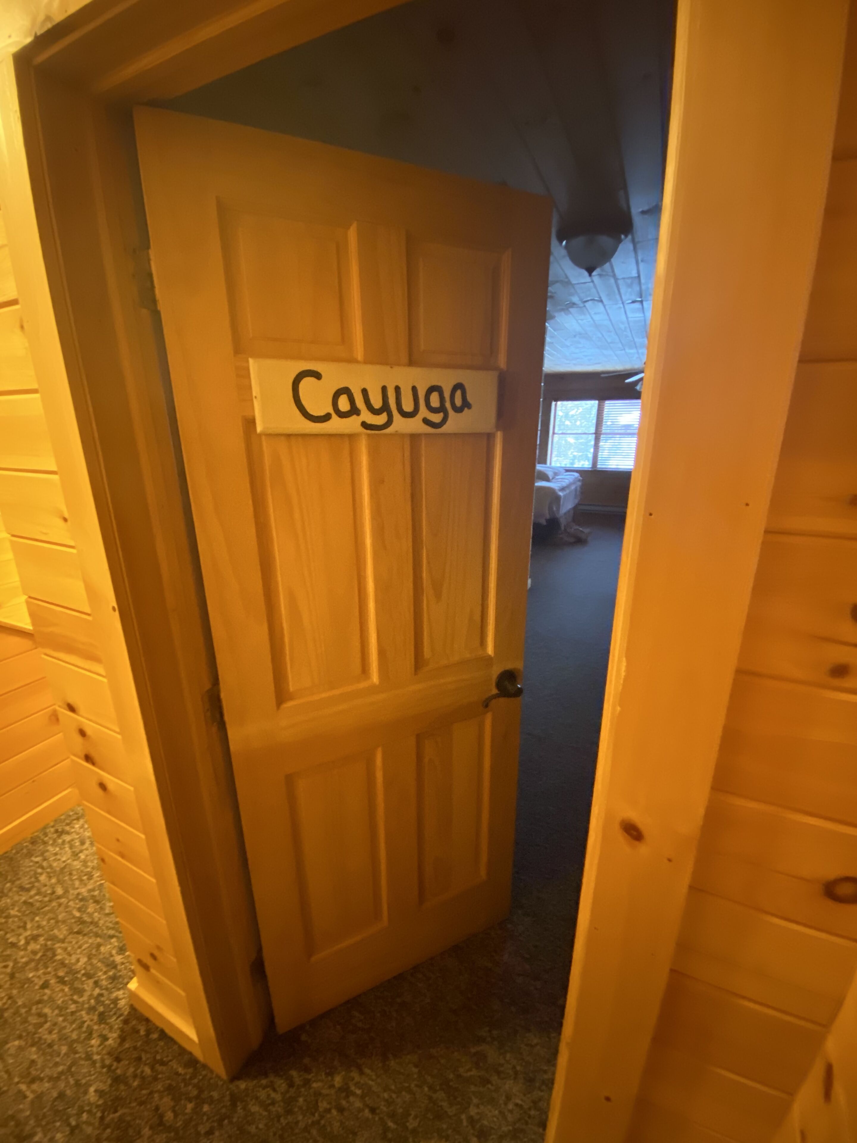 A wooden door with a sign reading "Cayuga."