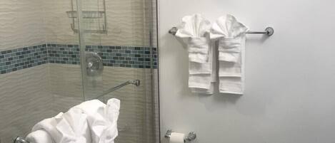 Shower, hair dryer, towels
