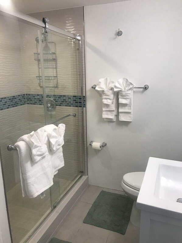 Shower, hair dryer, towels