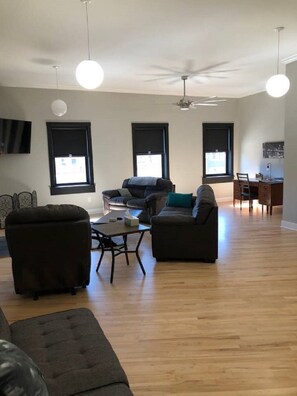 TV, fireplace, books