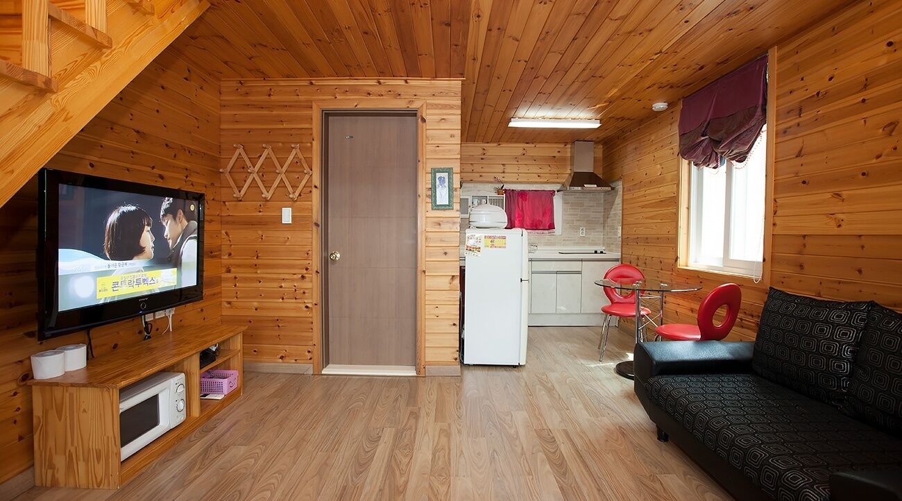 En stuga med träpanel på insidan, utrustad med TV, ett litet kök och en soffa.