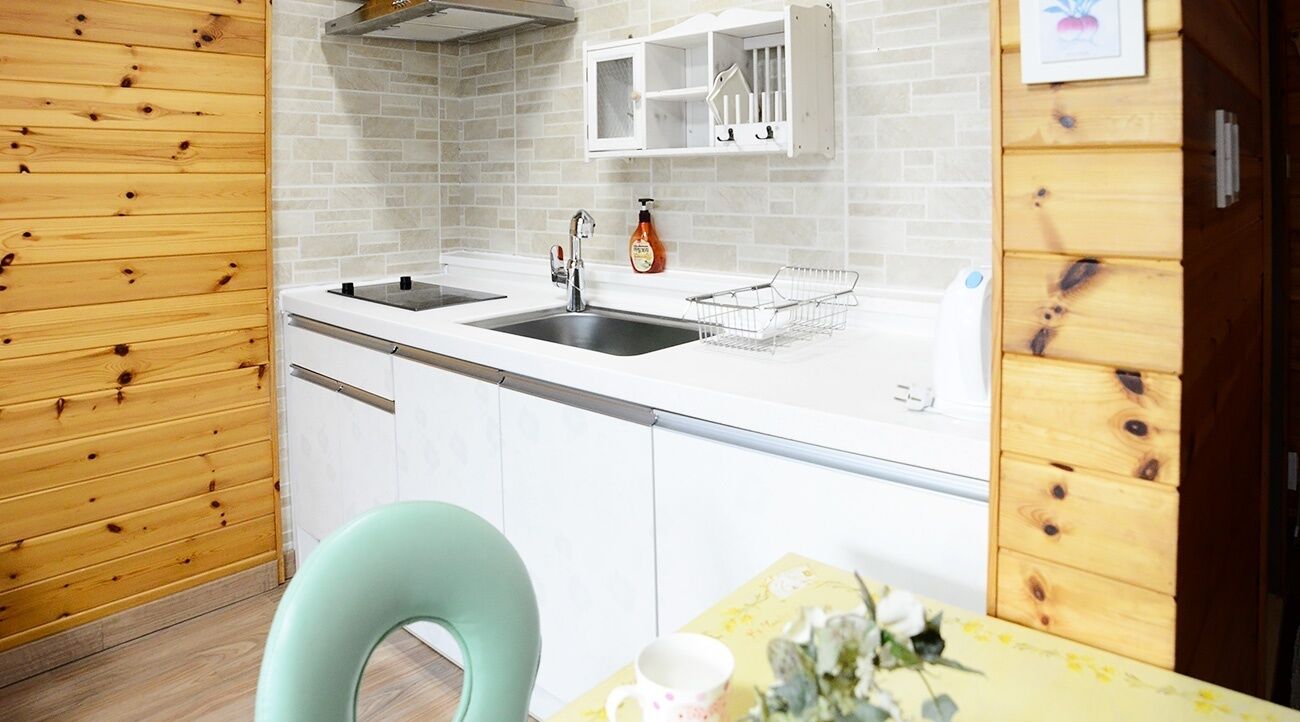A compact kitchen with two sinks, a white cabinet, and a wooden wall.