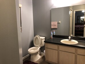 Tina con regadera, toallas, jabón, papel de baño 