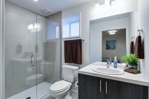 Combined shower/bathtub, hair dryer, towels