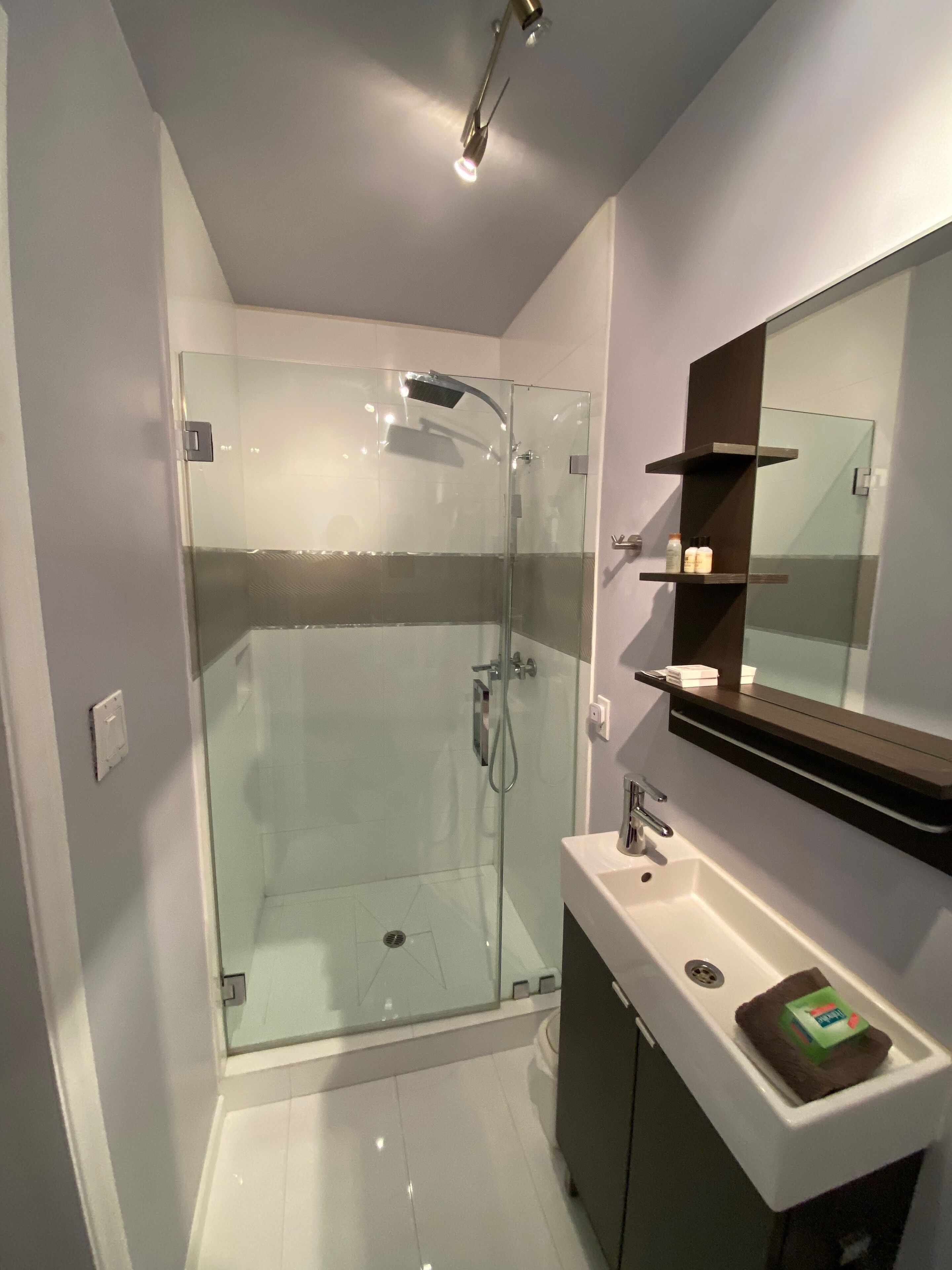 Douche, sèche-cheveux, serviettes fournies, savon