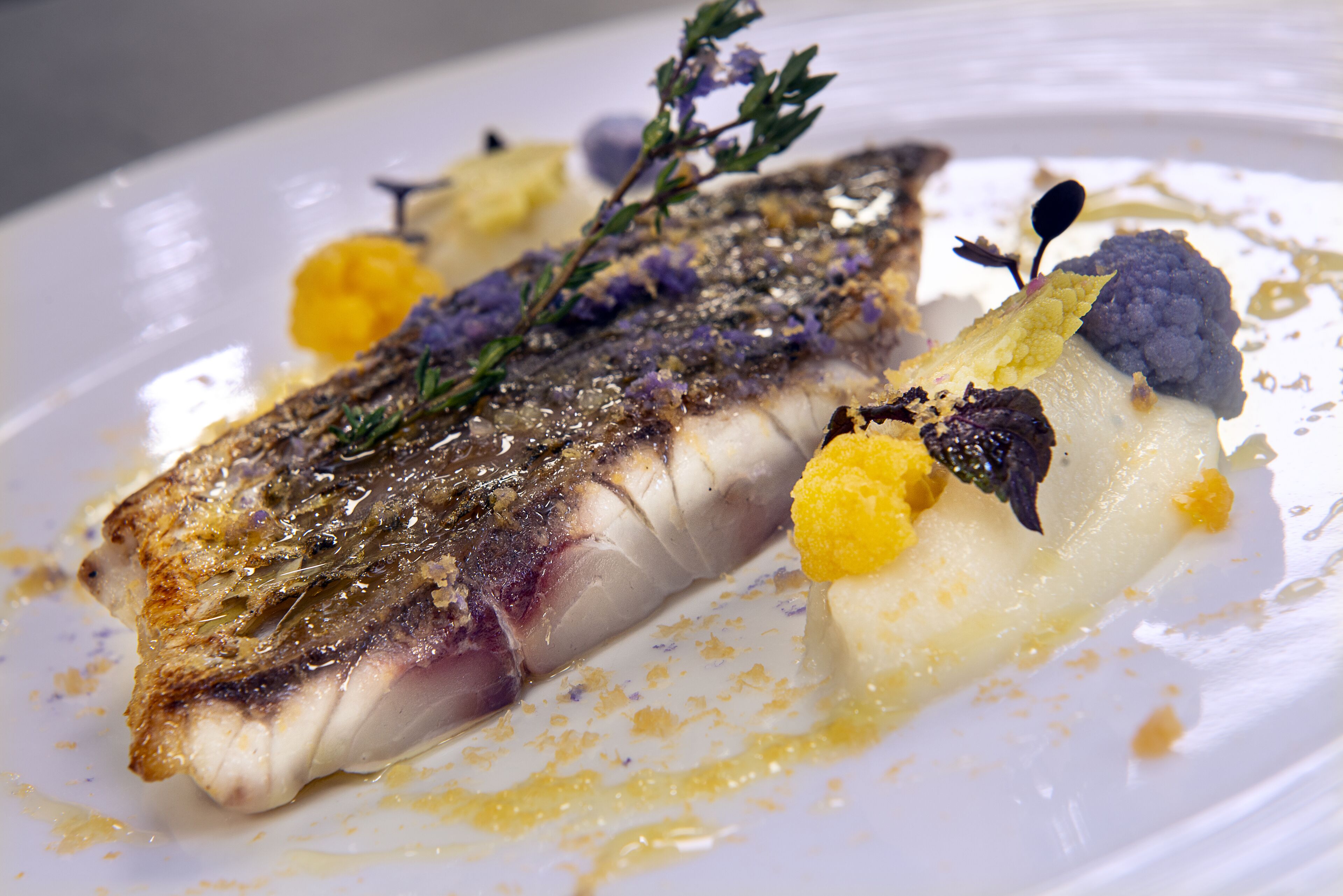 Une assiette blanche avec un morceau de poisson, des garnitures jaunes et violettes, et une branche d’herbe aromatique.