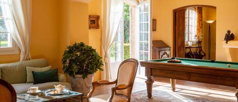 Une pièce chaleureuse avec une table de billard, un canapé, un fauteuil et une plante en pot.