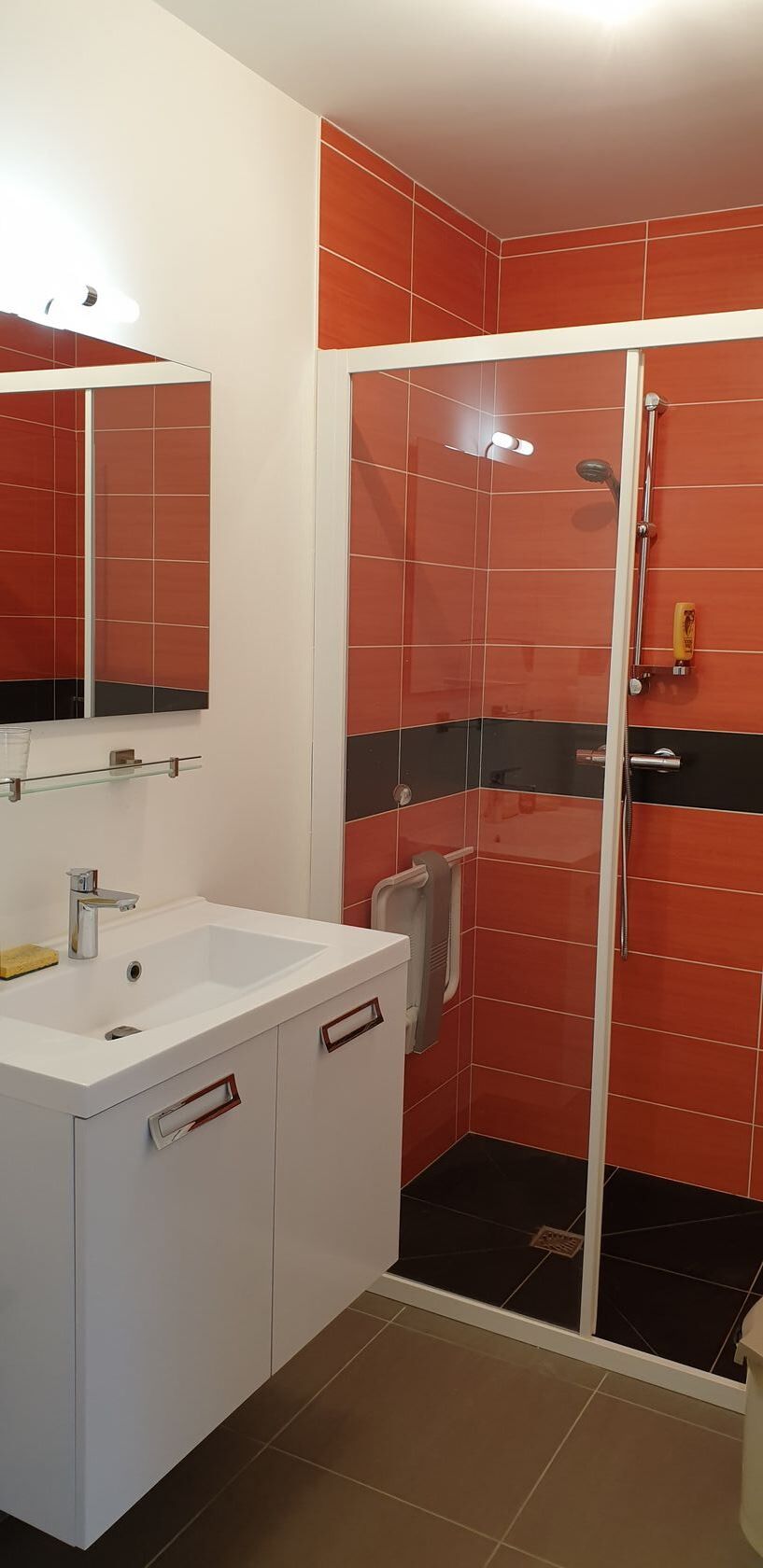 A bathroom with a white sink, mirror, and red-tiled walls.