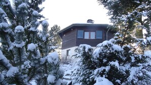 A two-story house surrounded by snow-covered trees.