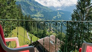 Un balcon offrant une vue sur un paysage montagneux, avec notamment une maison dotée d’un toit en tuiles et un chemin menant à cette maison.
