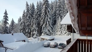 A snowy landscape with a wooden cabin and parked cars. - Pension Pek (Kubova Hut)