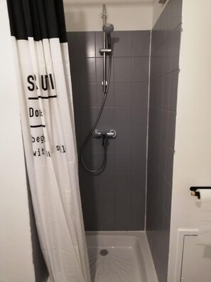 Shower, free toiletries, hair dryer, towels