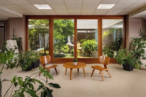 Quarto com uma grande porta de correr de vidro, uma mesa redonda com cadeiras e diversos vasos de plantas.