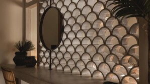 Un interior moderno con un espejo montado en la pared, una planta en maceta y una consola de madera.