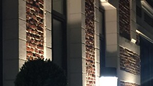 A building facade with a brick pattern and a large planter with a topiary. - Hotel Le Dome (Arras)