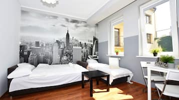 Hypo-allergenic bedding, desk, laptop workspace, iron/ironing board
