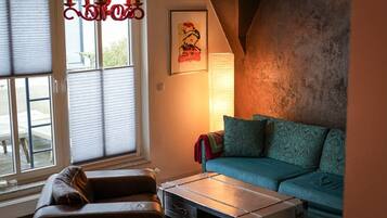 Smart TV, fireplace, books
