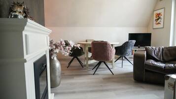 Smart TV, fireplace, books