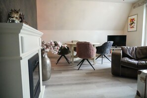 Smart TV, fireplace, books