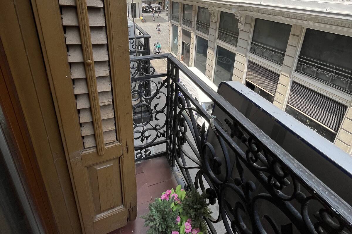 A balcony with a wrought iron railing, a potted plant with pink flowers, and a view of adjacent buildings with balconies.