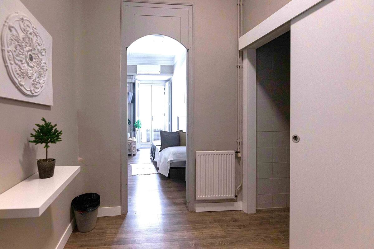 A hallway with a white door, a radiator, a plant, and a trash bin.