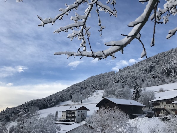 Paisaje nevado de montañas con edificaciones, incluyendo un chalet y una casa más grande con balcón, rodeado de árboles y un cielo despejado.