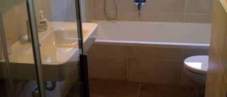 A bathroom with a glass shower enclosure, a bathtub, and a toilet.
