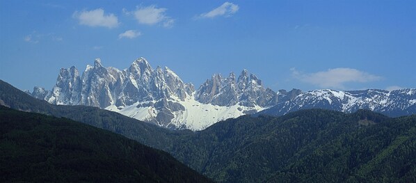 Una cordillera con picos nevados y valles cubiertos de bosques densos.