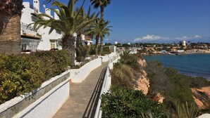 A coastal walkway with palm trees, white buildings, and a view of the sea.