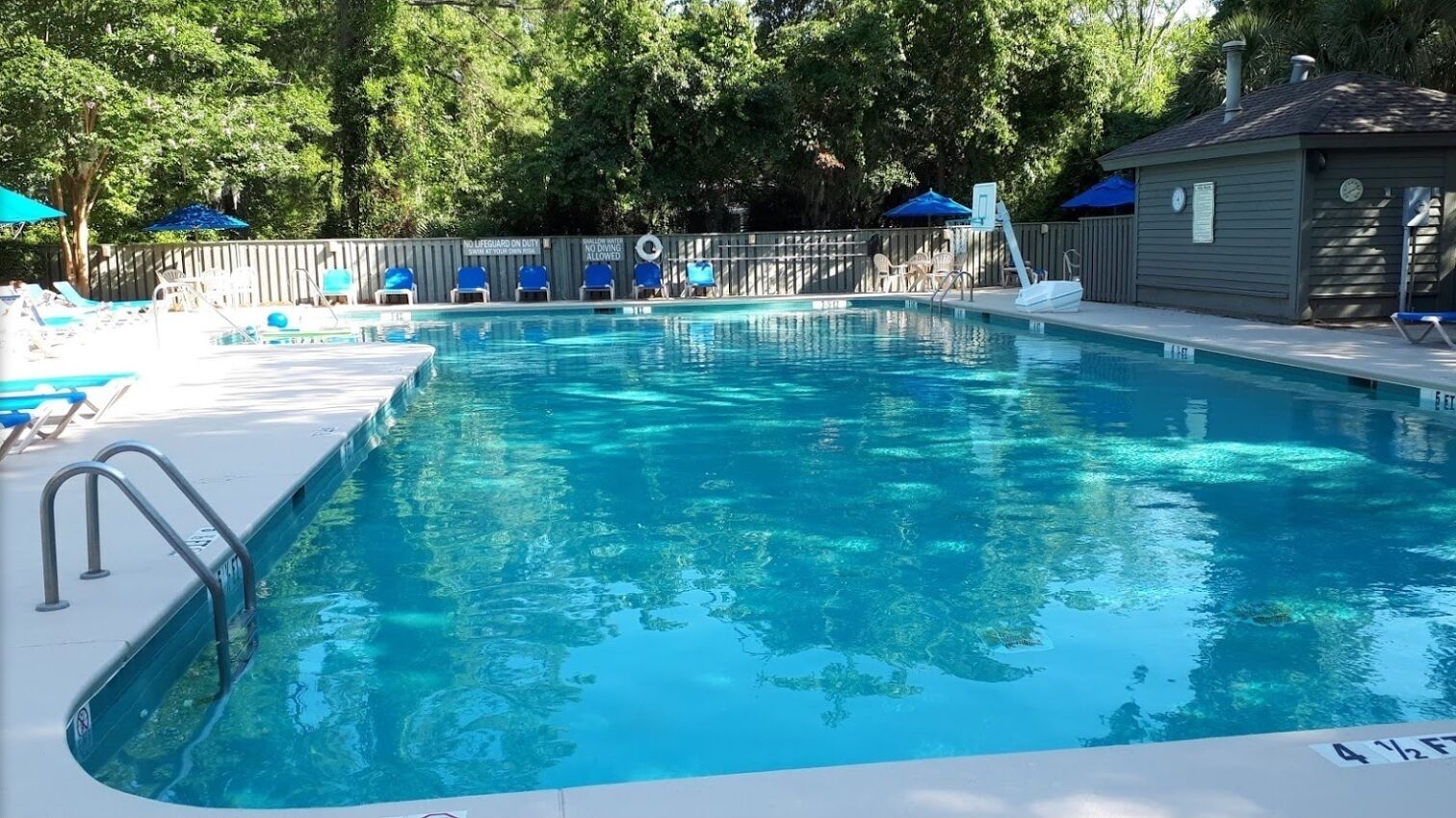 Uma piscina com espreguiçadeiras e guarda-sóis, rodeada por árvores e um pequeno edifício.