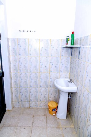 Combined shower/tub, hair dryer, towels