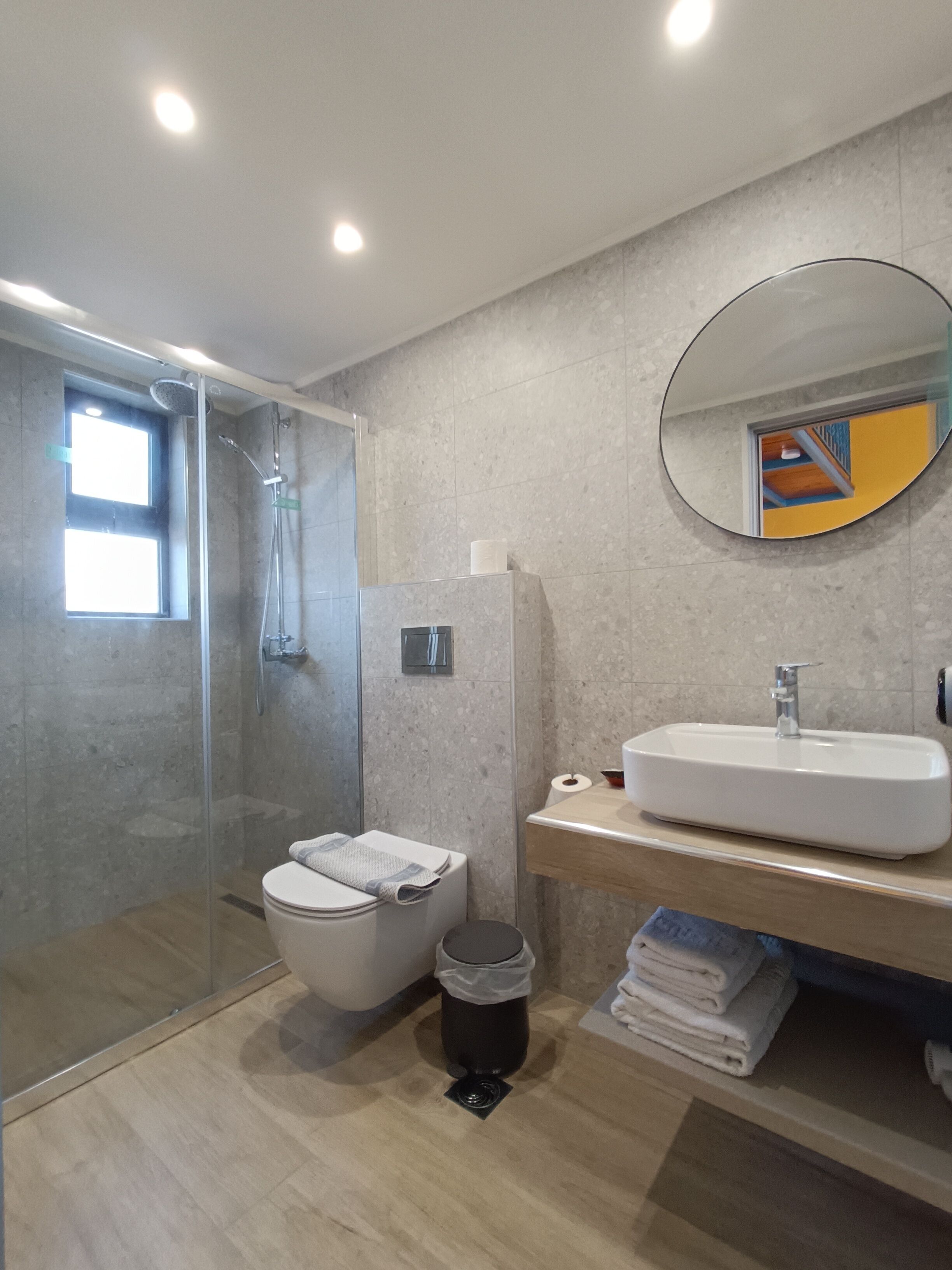 A modern bathroom with a glass-enclosed shower, a toilet, a sink, and a mirror.