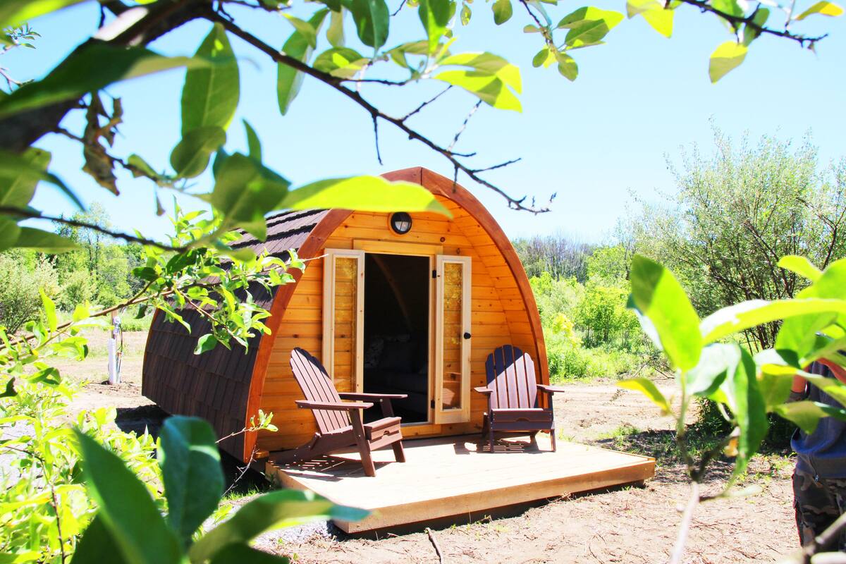 Uma cabana de madeira com varanda, duas cadeiras Adirondack e um deck de madeira.