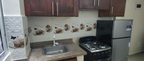 Fridge, microwave, oven, dishwasher