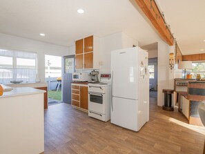 Fridge, microwave, toaster, cookware/dishes/utensils