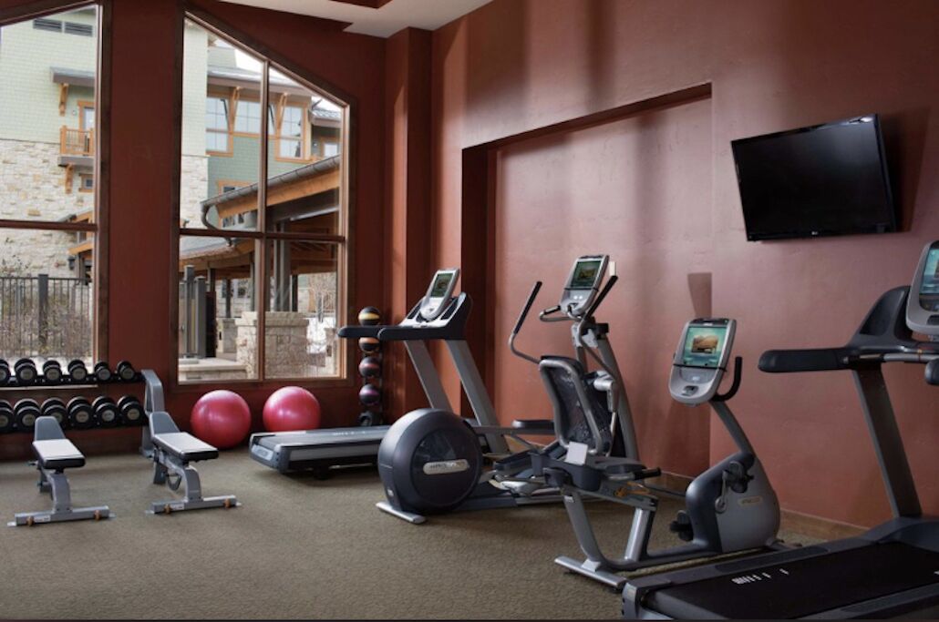 A gym with treadmills, elliptical machines, dumbbells, and exercise balls.