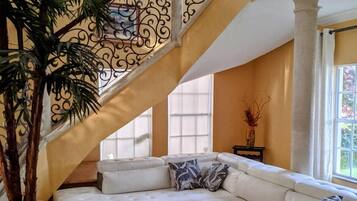 Smart TV, fireplace, foosball, video library