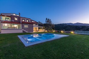 Outdoor pool, sun loungers - Villa Ourania with private pool and panoramic view, Sleeps 24+ (Lygaria)