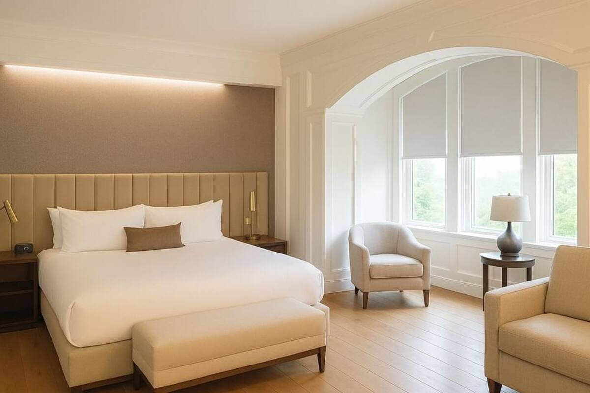 A spacious bedroom with a large bed, a nightstand, a chair, and a lamp.