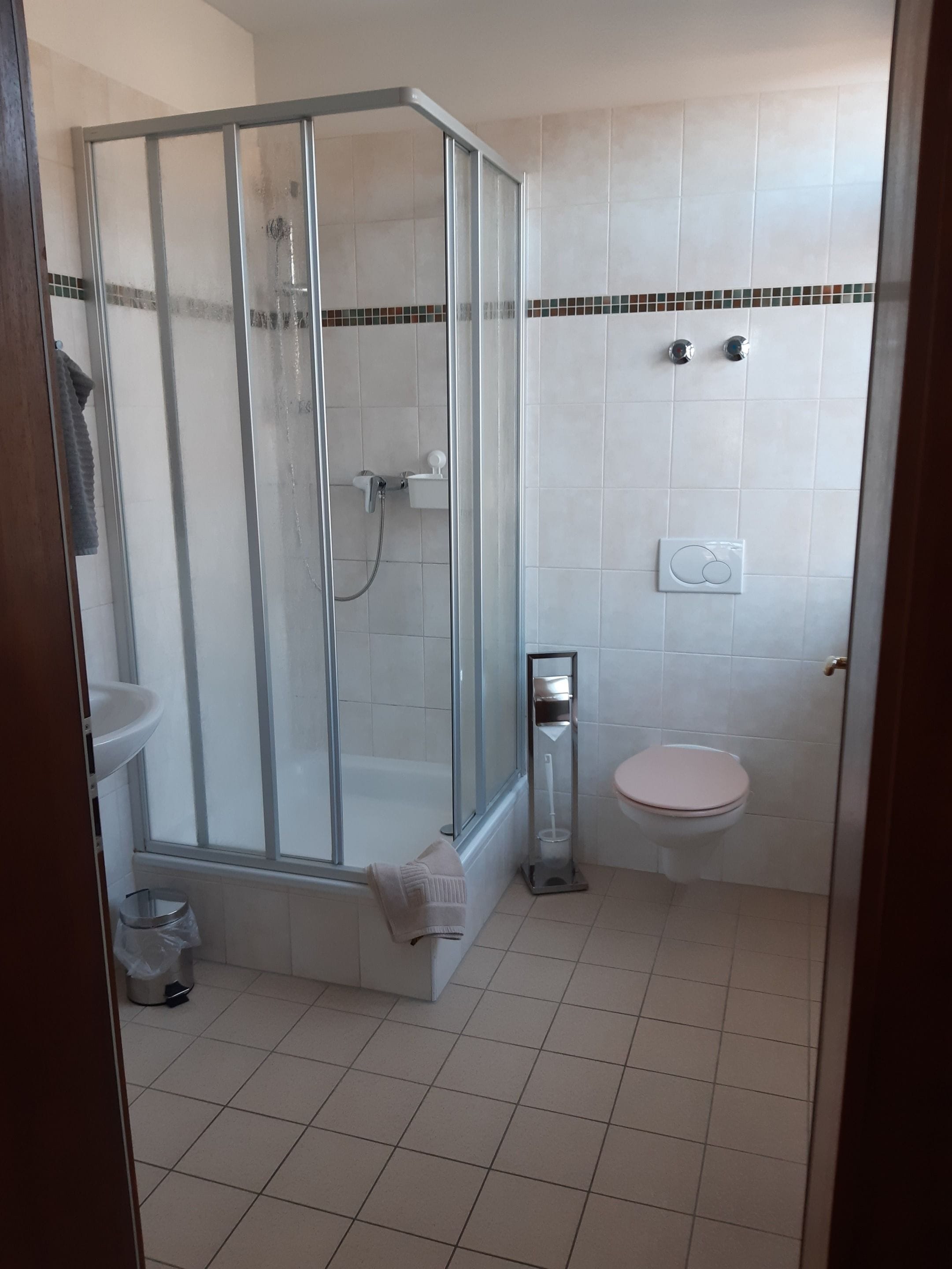 Een badkamer met een douchecabine van glas, een toilet en een wastafel.