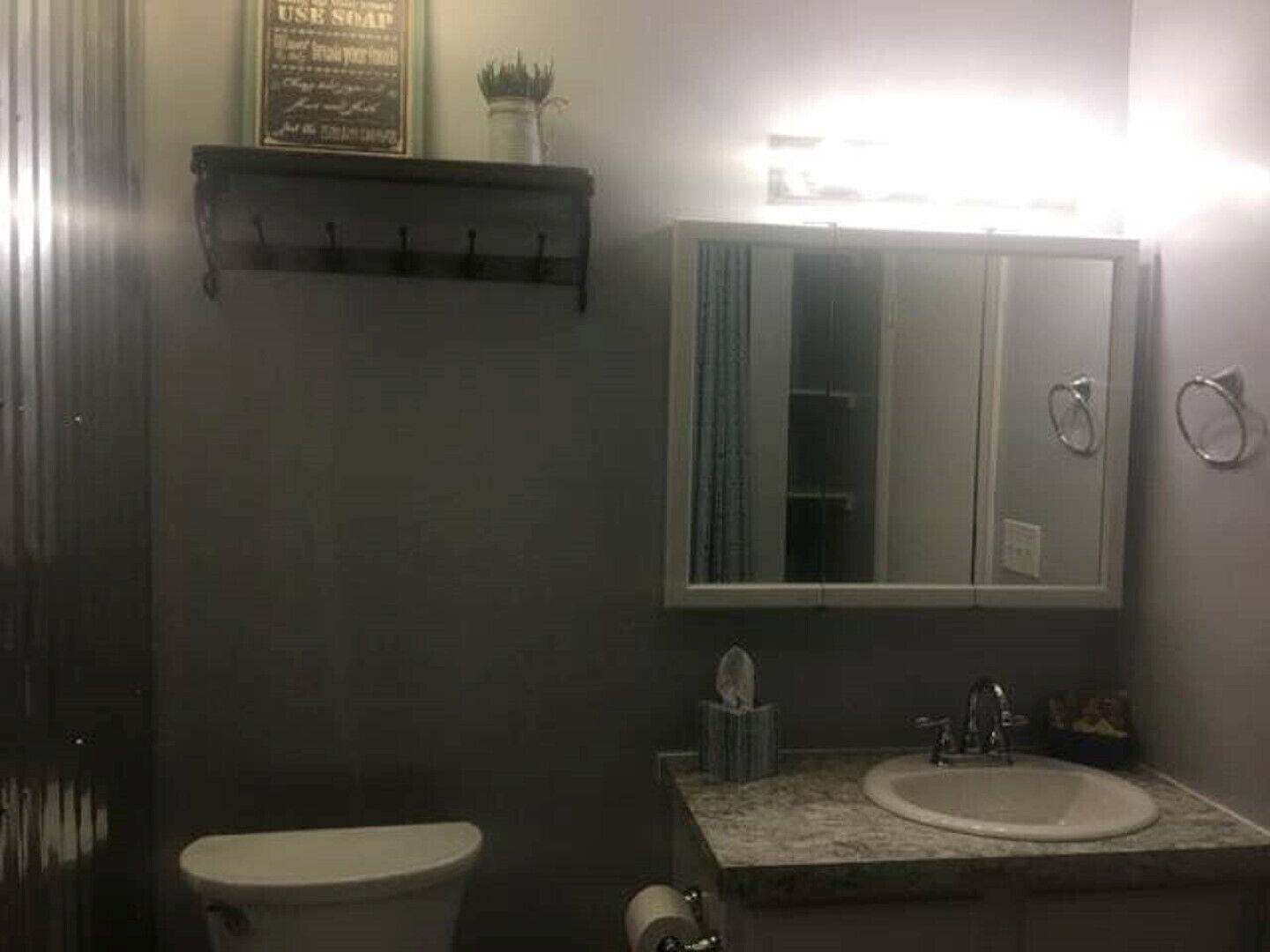 Combined shower/tub, hair dryer, towels, soap